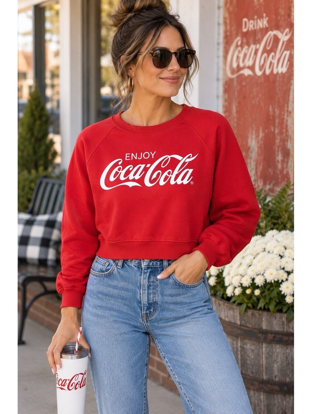Coca Cola Mighty Fine Womens XL Red Cropped Sweatshirt Enjoy Coke 100% Cotton